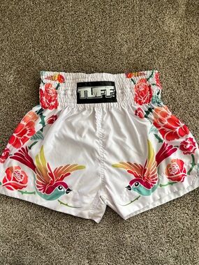 TUFF White Athletic Shorts with Red Floral & Bird Print